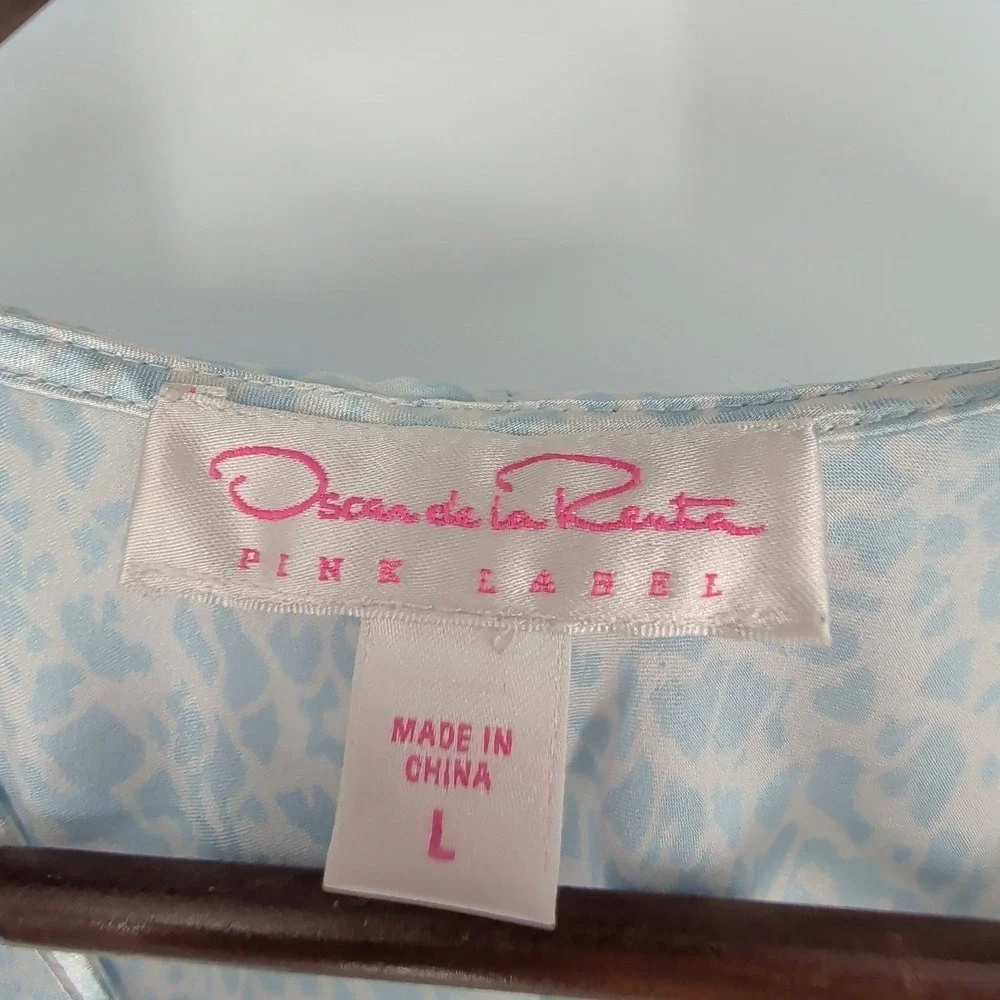 Oscar de la Renta Pink Label Blue Ruffle Racerback Nightgown L Sleepwear Satin